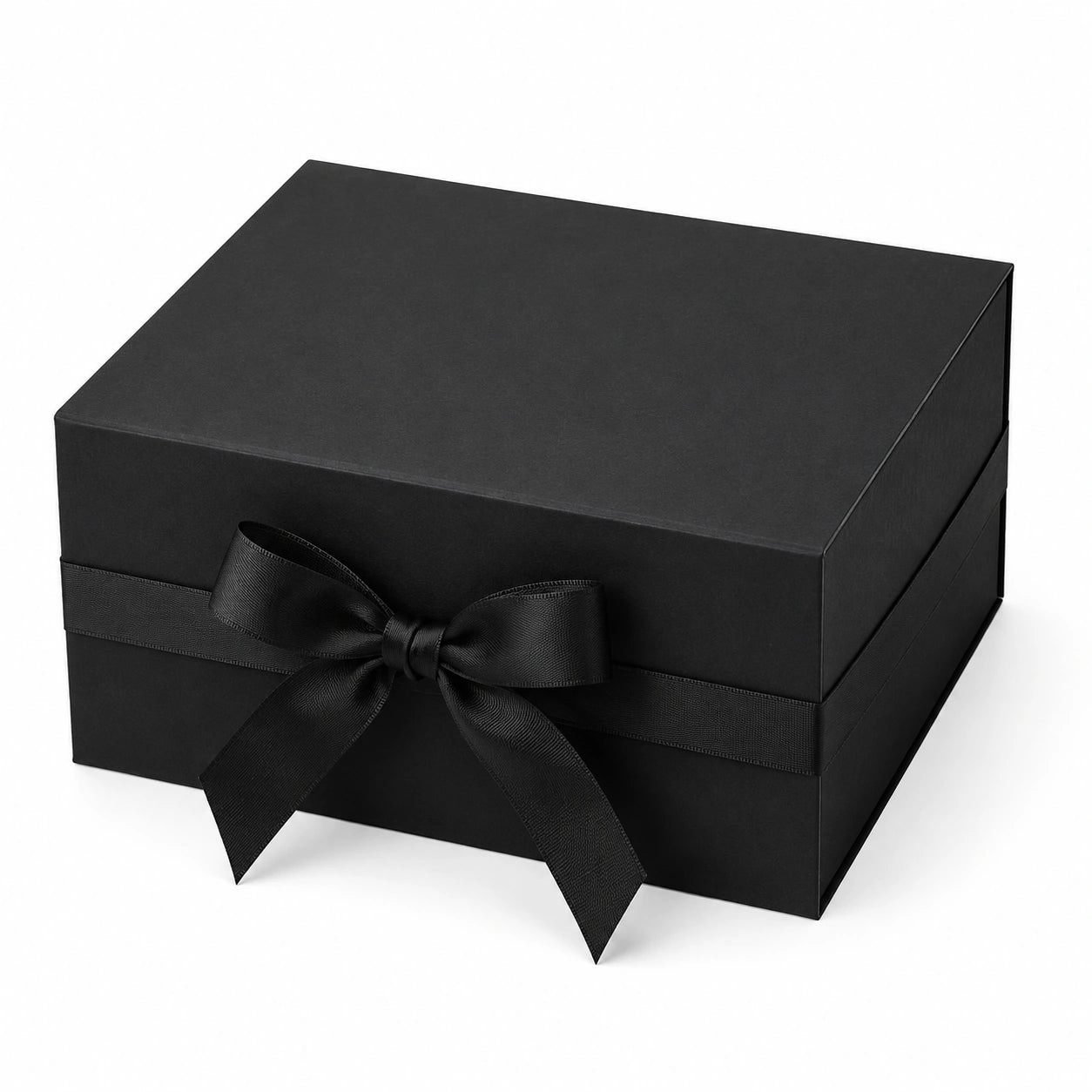 Boîte cadeau 25 x 25 x 12 cm en carton noir avec ruban satin et fermeture à nœud