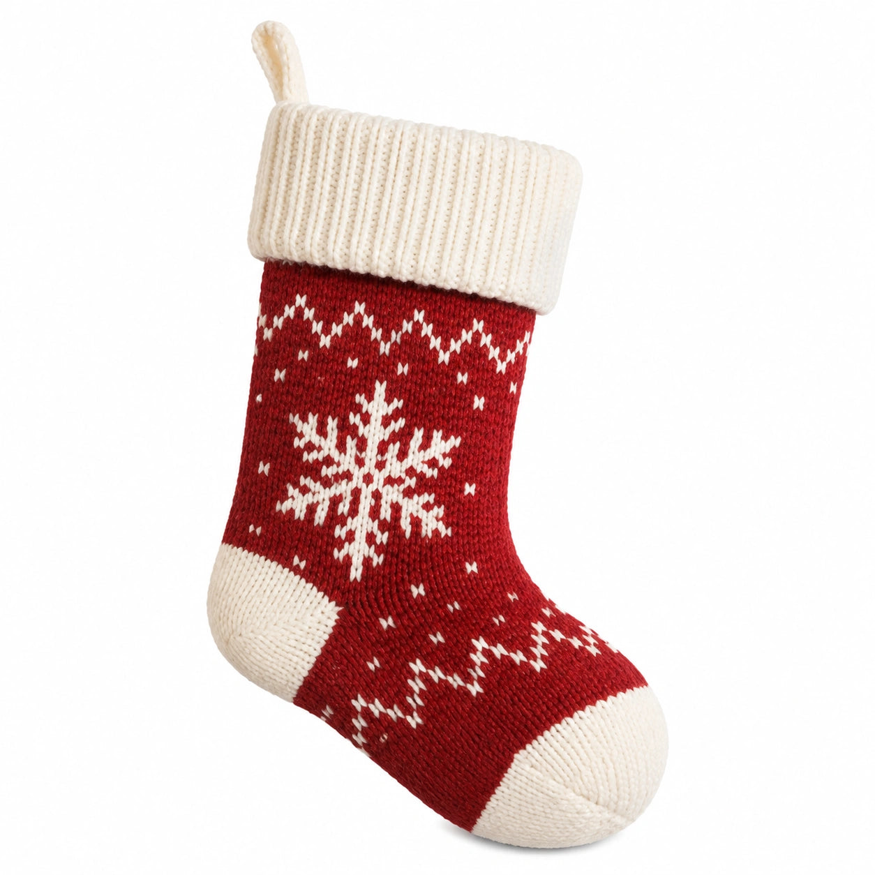 Chaussette décorative à suspendre 45 cm en textile tricoté rouge et écru motif flocon