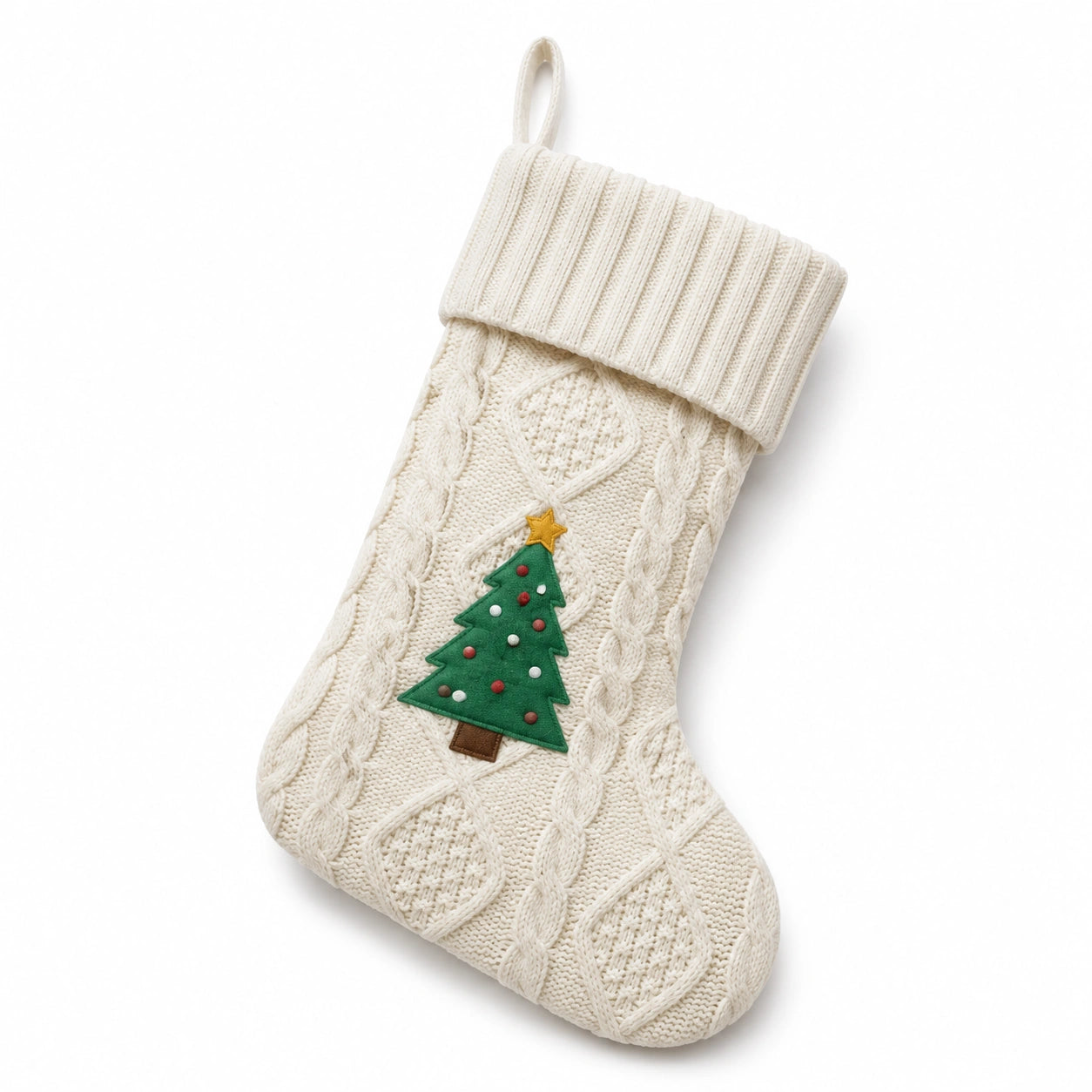 Chaussette de Noël 45 cm en textile tricoté écru avec sapin à suspendre