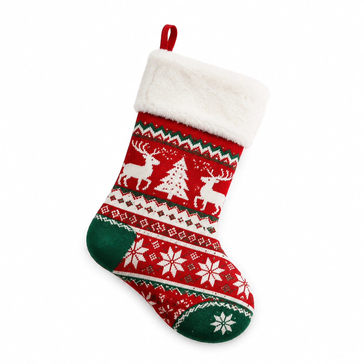 Chaussette décorative 45 cm en textile rouge vert blanc à motif hivernal avec boucle de suspension
