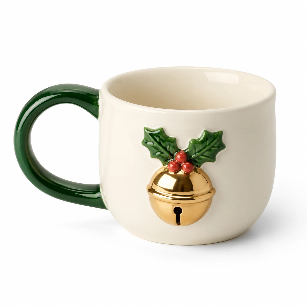 Mug 0.35 L en céramique blanc vert doré à anse motif clochette en relief