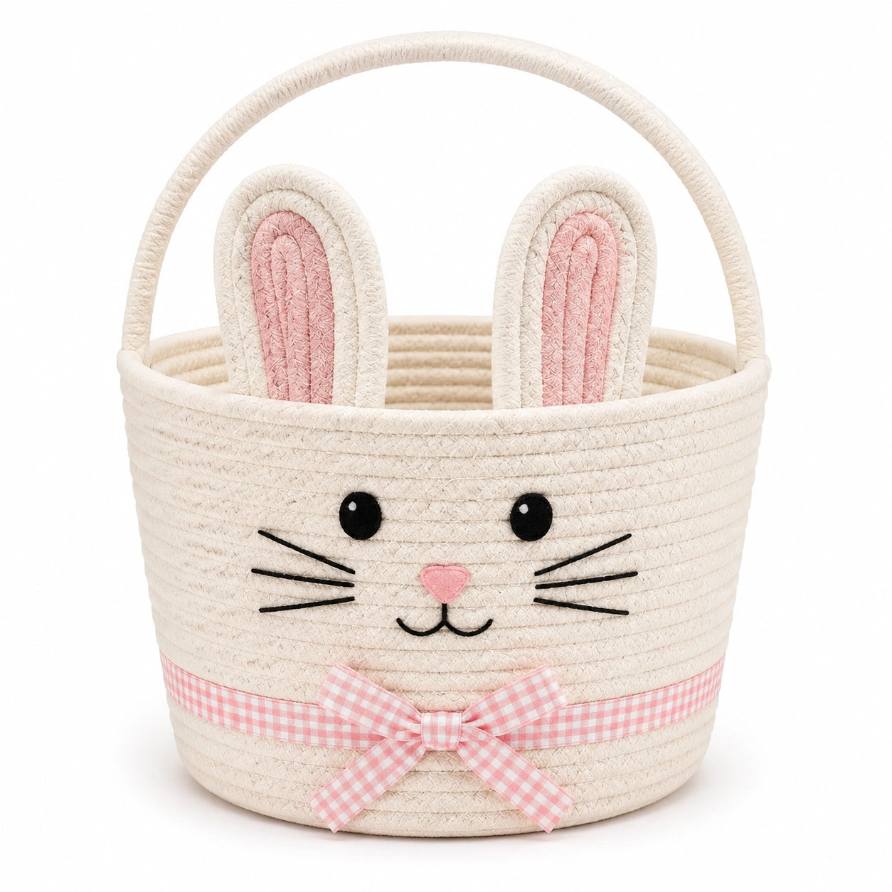 Panier de rangement rond 30 cm en corde de coton écru rose style lapin avec poignée