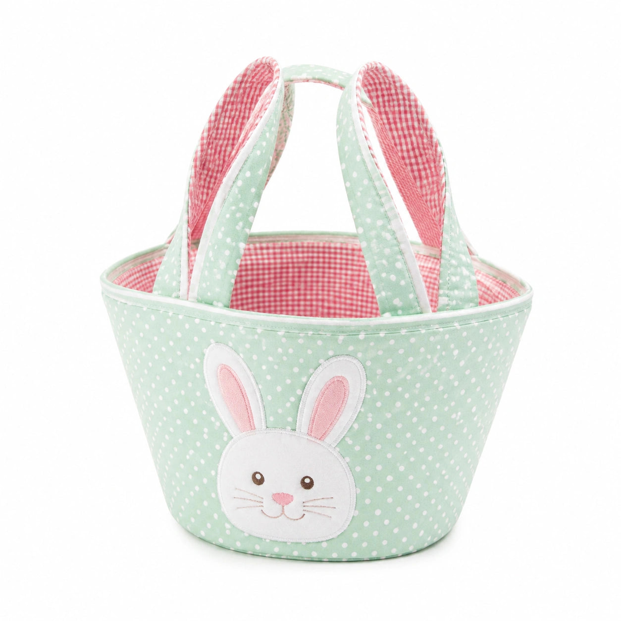 Panier de Pâques 25 cm en tissu vert menthe à pois avec anses et motif lapin