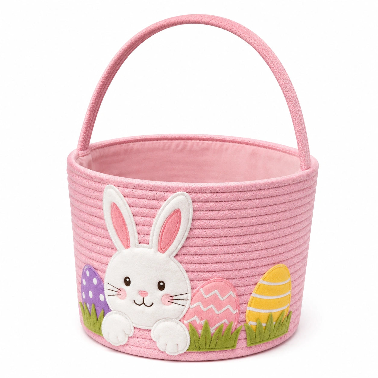 Panier de rangement rond 20 cm en corde de coton rose avec anse motif lapin