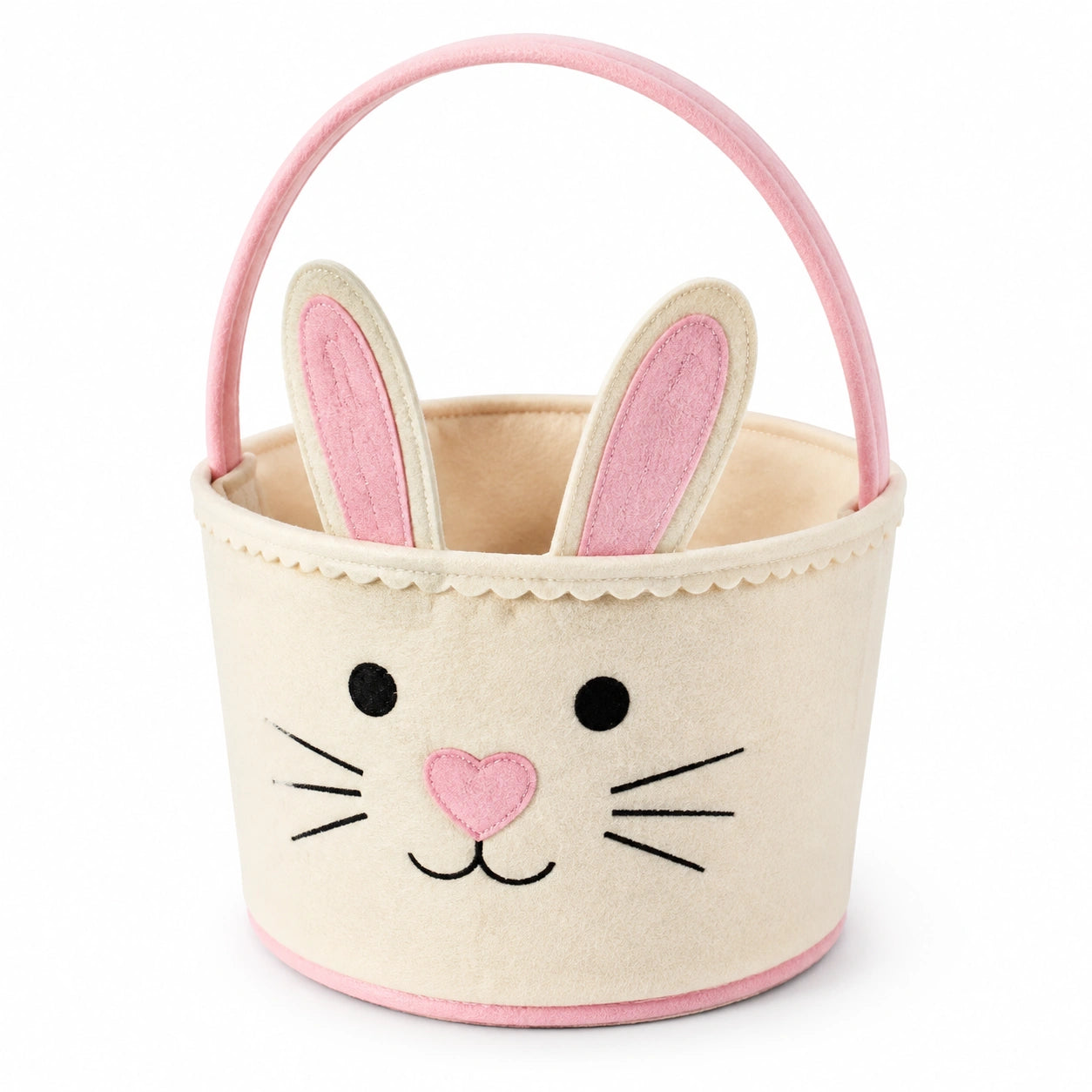 Panier de rangement rond 20 cm en feutre beige et rose avec poignée motif lapin