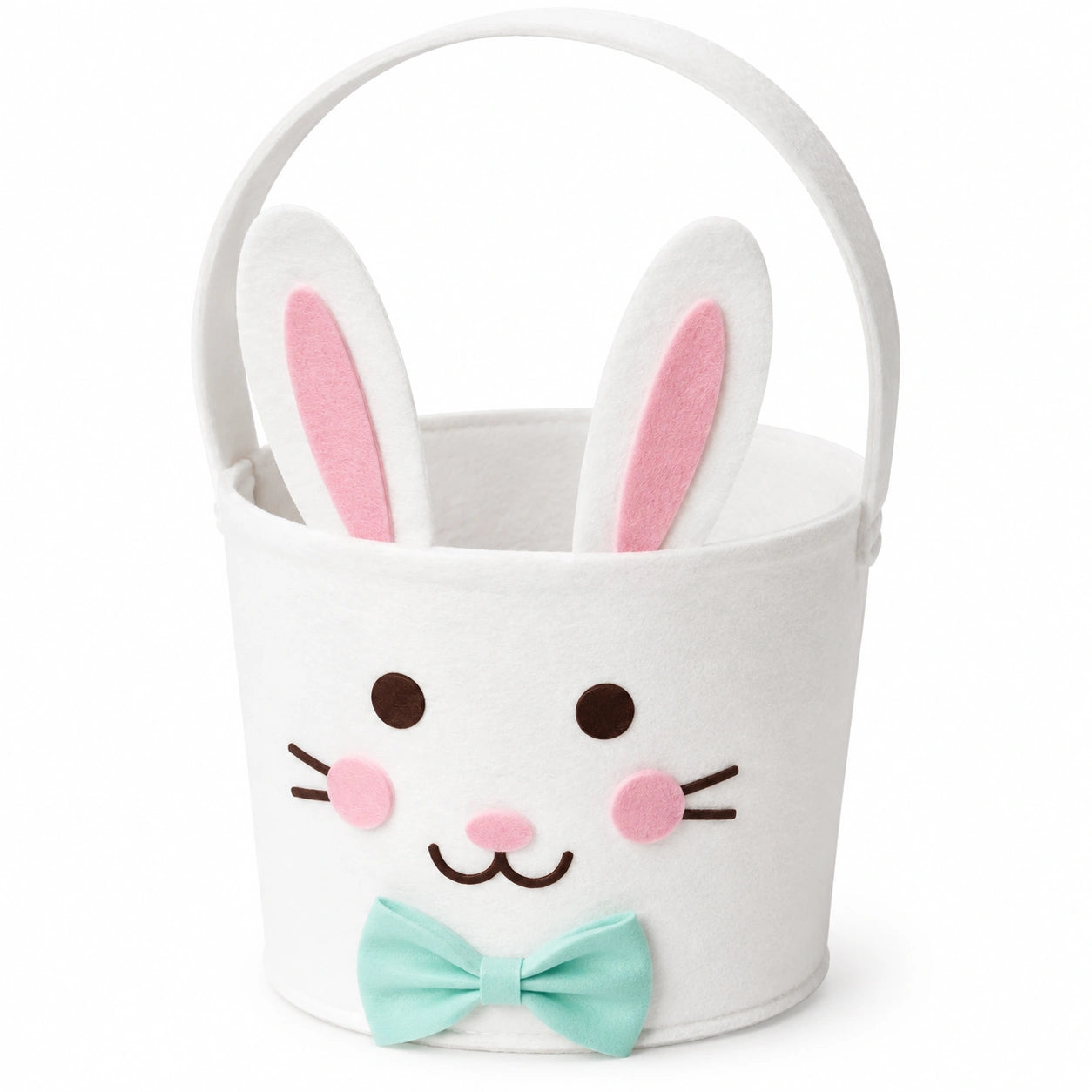 Panier de rangement rond 20 cm en feutre blanc rose motif lapin avec anse
