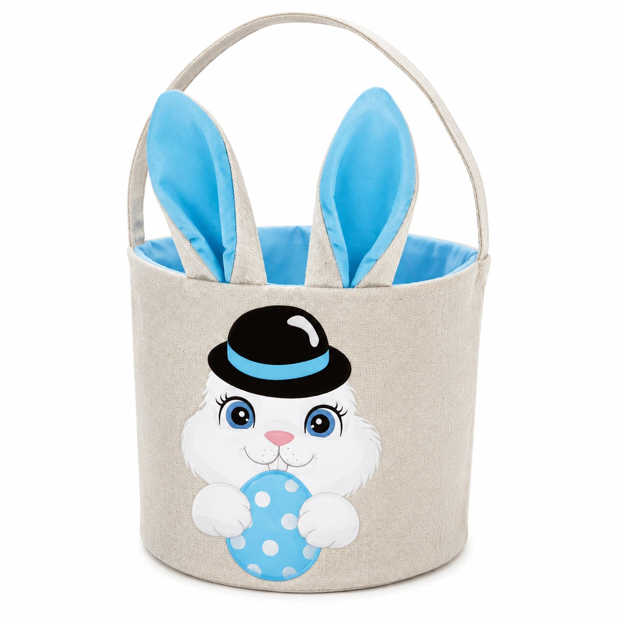Panier de Pâques rond 25 x 23 cm en tissu beige bleu avec anses motif lapin