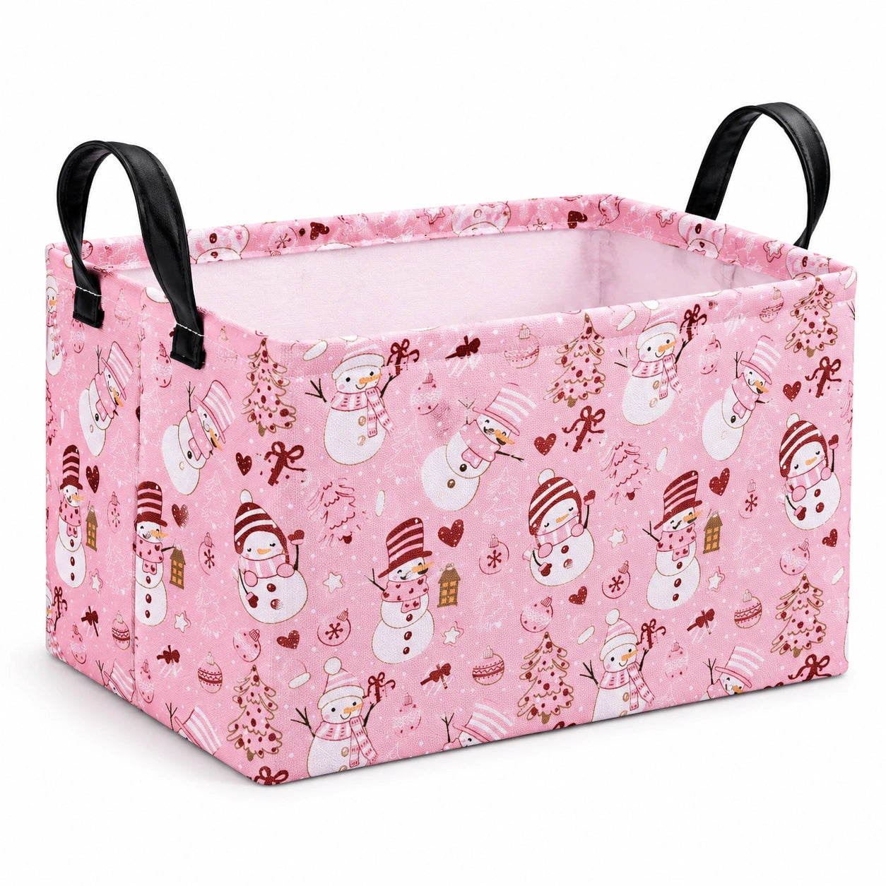 Panier de rangement 30 x 20 x 20 cm en tissu rose à motifs hivernaux avec poignées