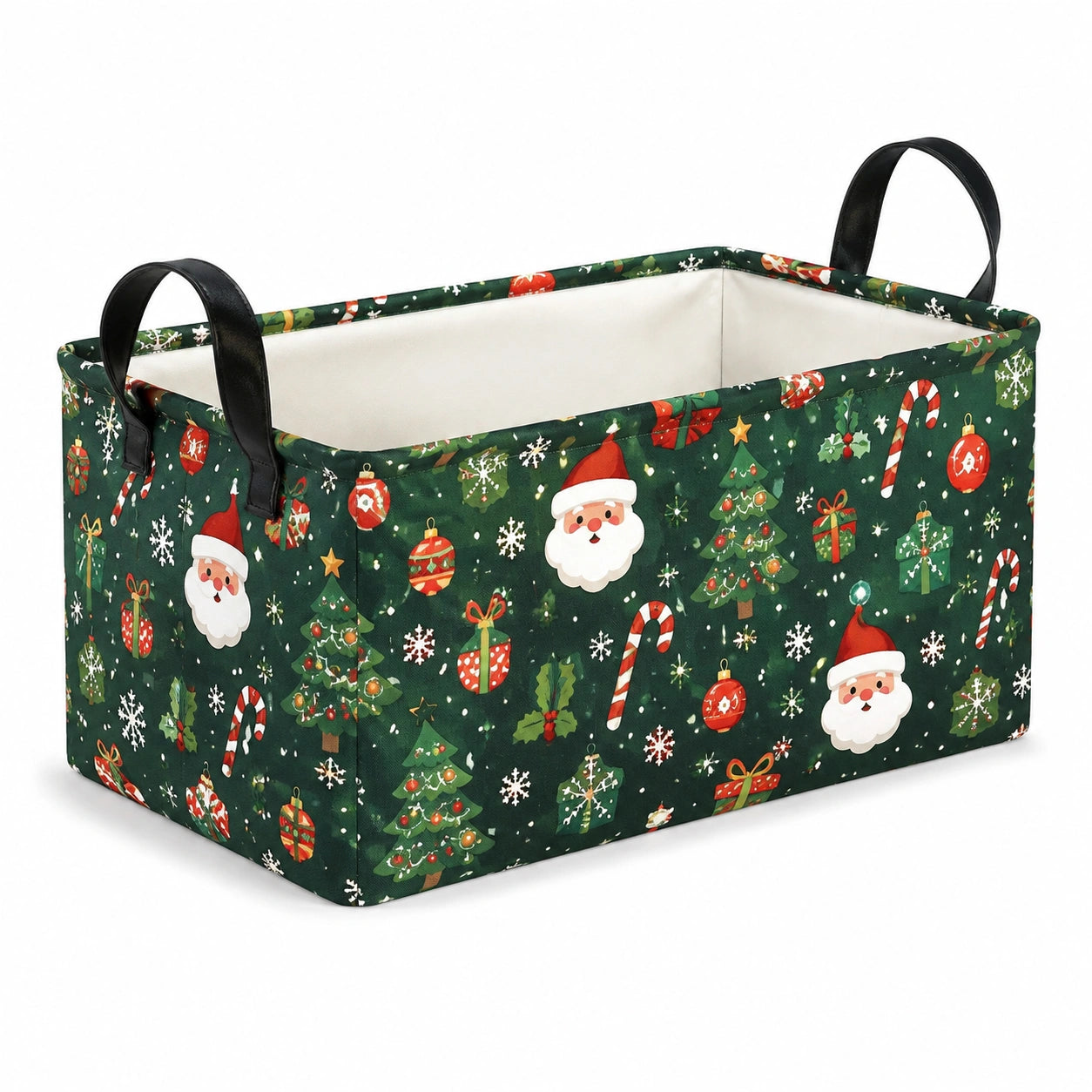 Panier de rangement 40 x 30 x 25 cm en tissu vert à motifs de Noël avec poignées