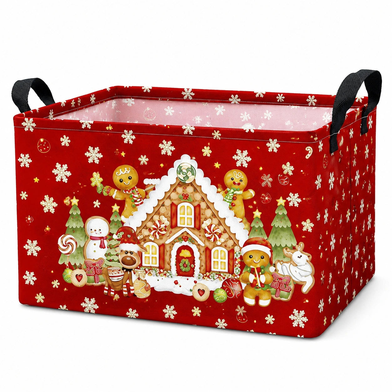 Boîte de rangement 40 x 30 x 30 cm en tissu polyester rouge pliable à poignées motif hivernal