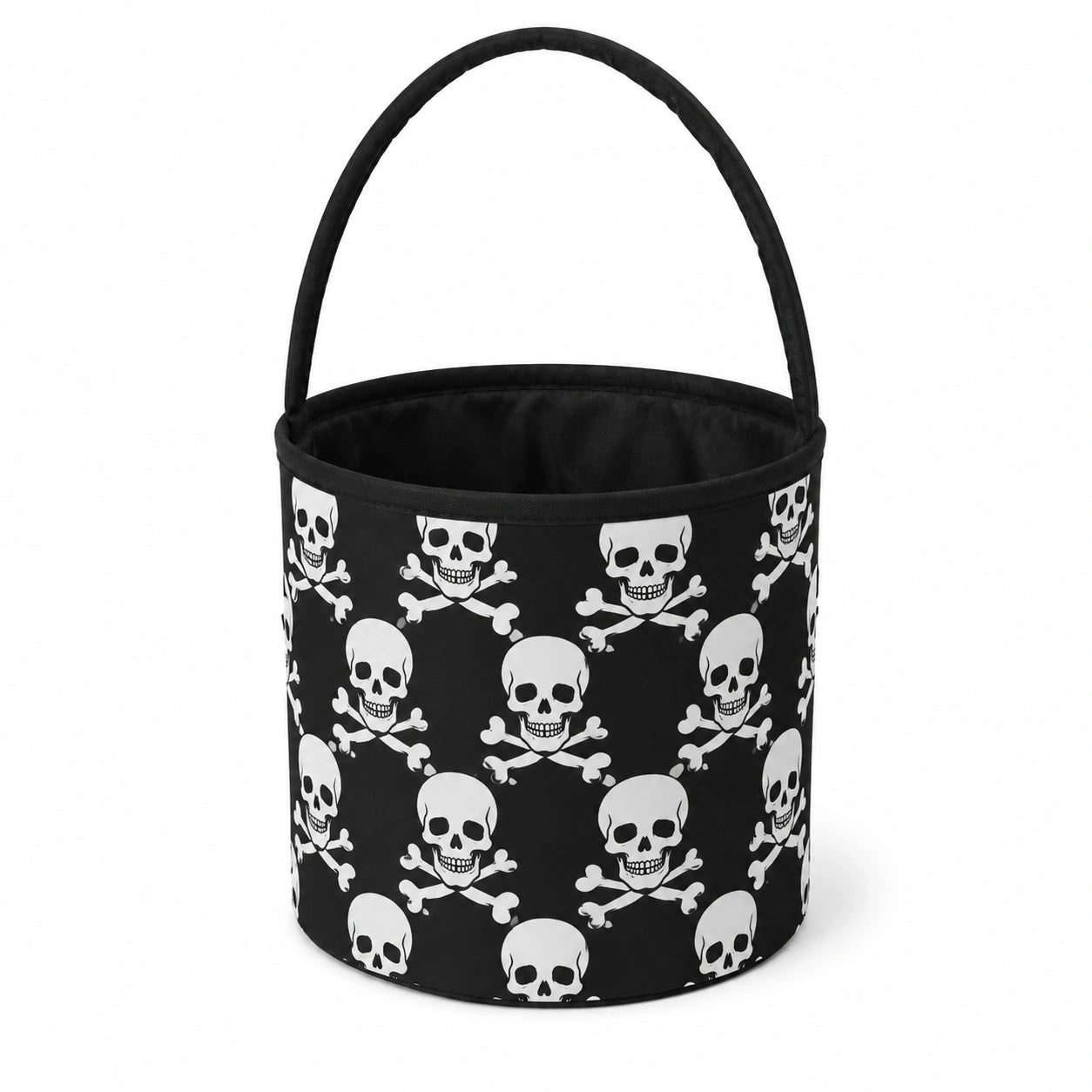 Panier à friandises rond 20 cm en tissu noir à motif crânes avec anse