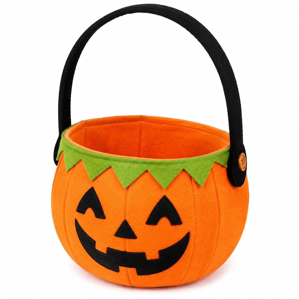 Panier de collecte citrouille en feutre orange et noir diamètre 22 cm avec anse souple