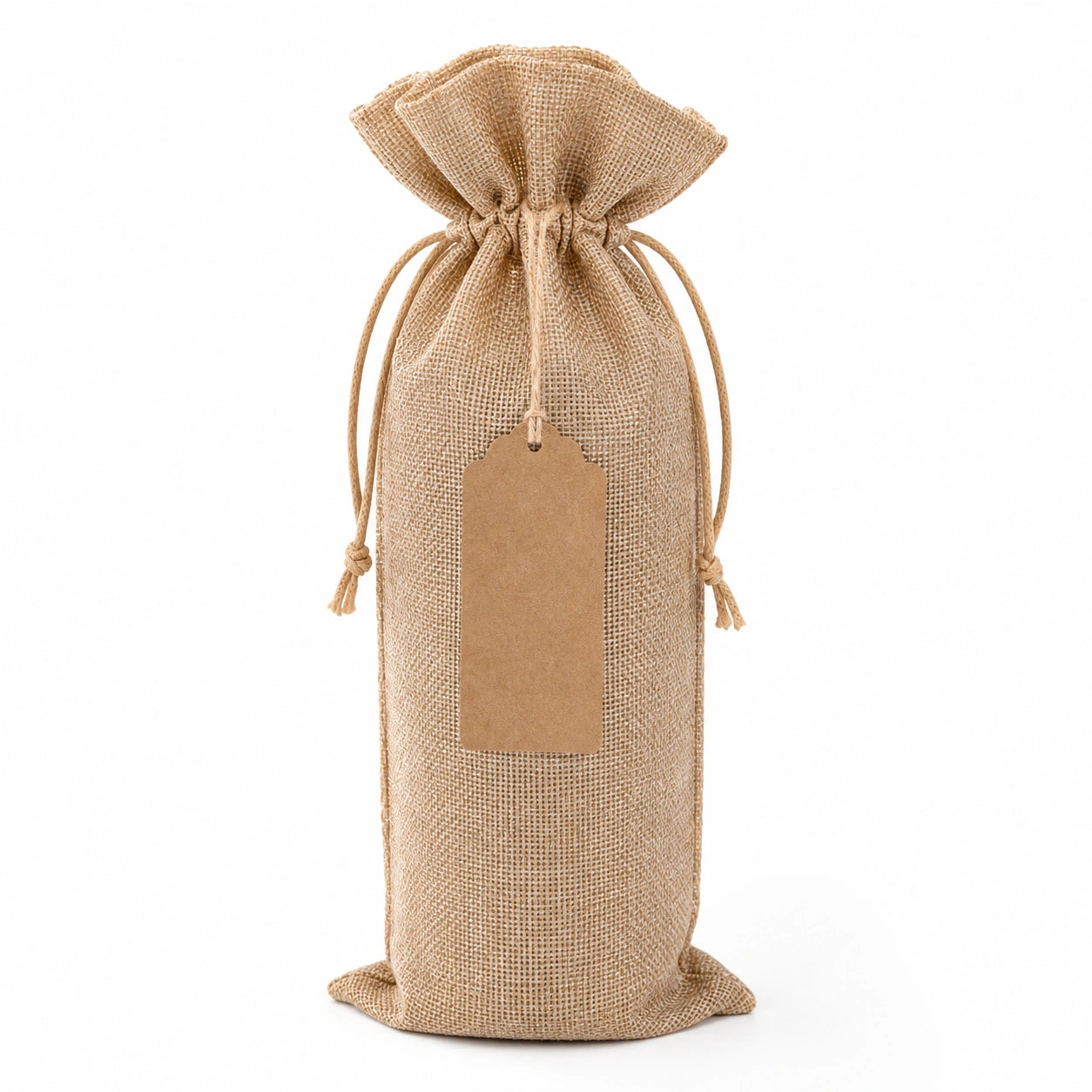 Sac cadeau 15 x 10 x 35 cm en jute beige à cordon pour bouteille