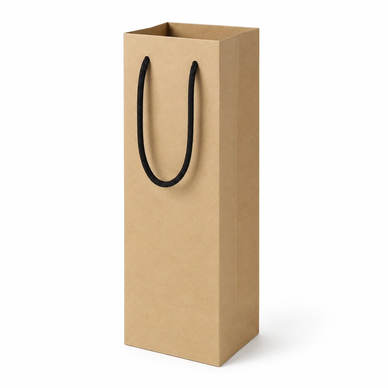 Sac cadeau pour bouteille 12 x 9 x 36 cm en papier kraft beige avec poignées en cordon noir