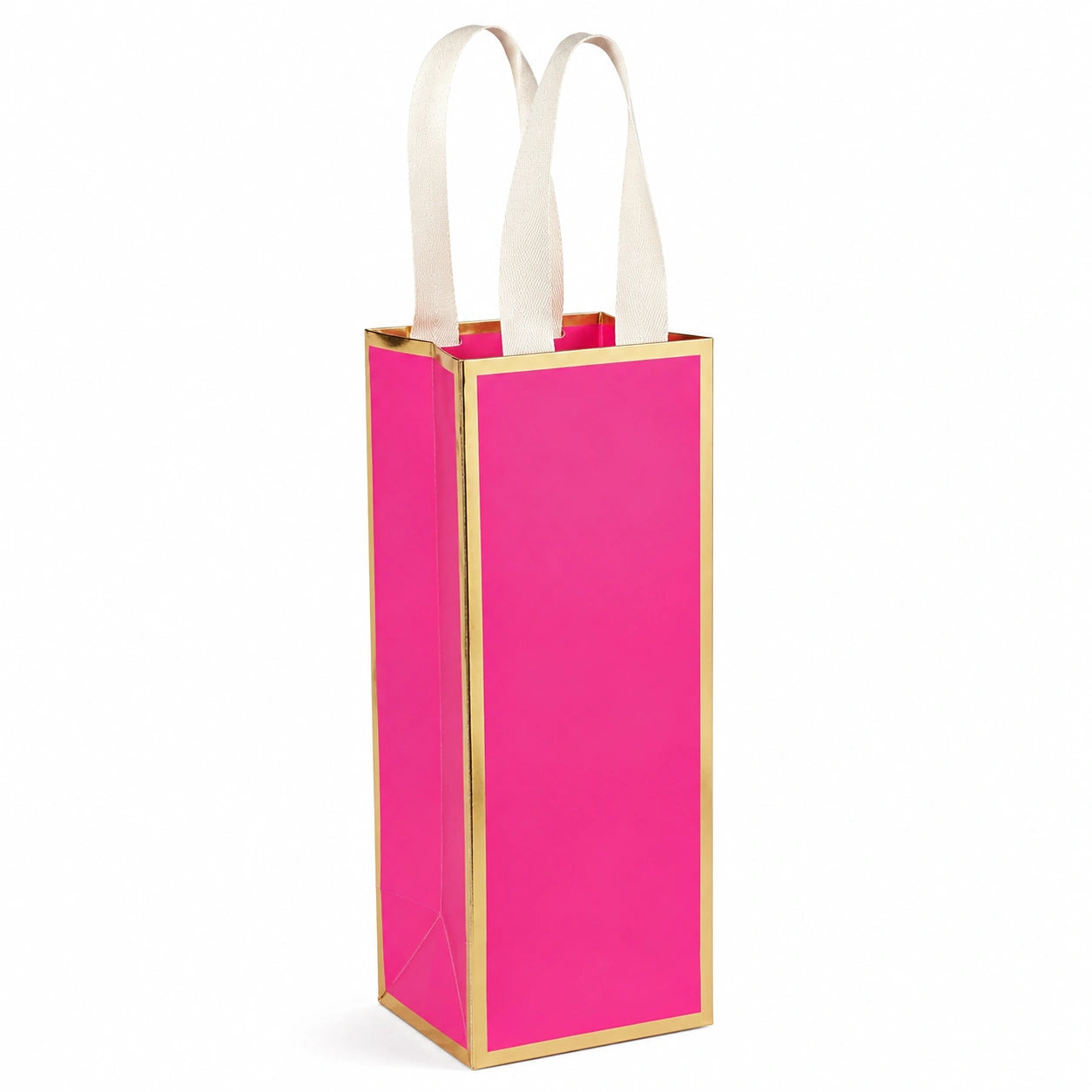 Sac cadeau 12 x 10 x 35 cm en papier rose fuchsia et doré avec anses en ruban