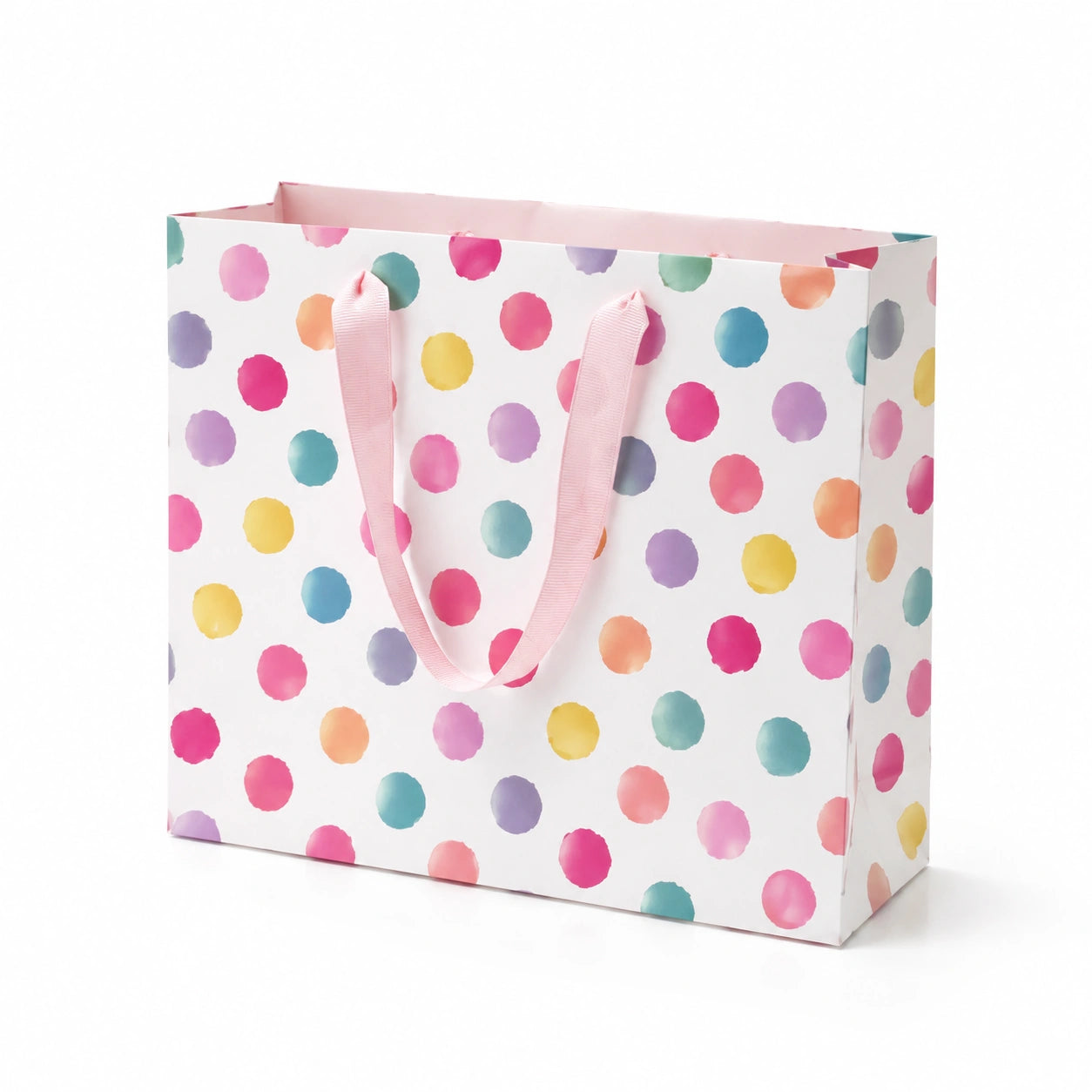 Sac cadeau 32 x 12 x 26 cm en papier blanc multicolore à pois avec poignées ruban