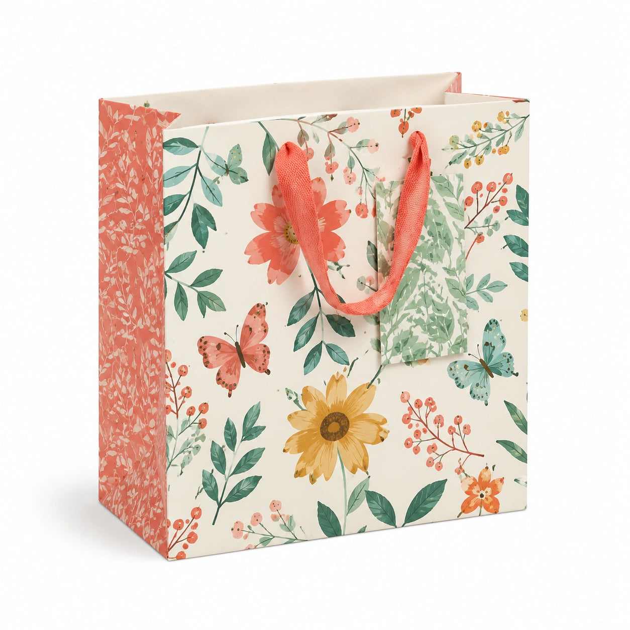 Sac cadeau 32 x 26 x 12 cm en papier crème à fleurs avec anses ruban