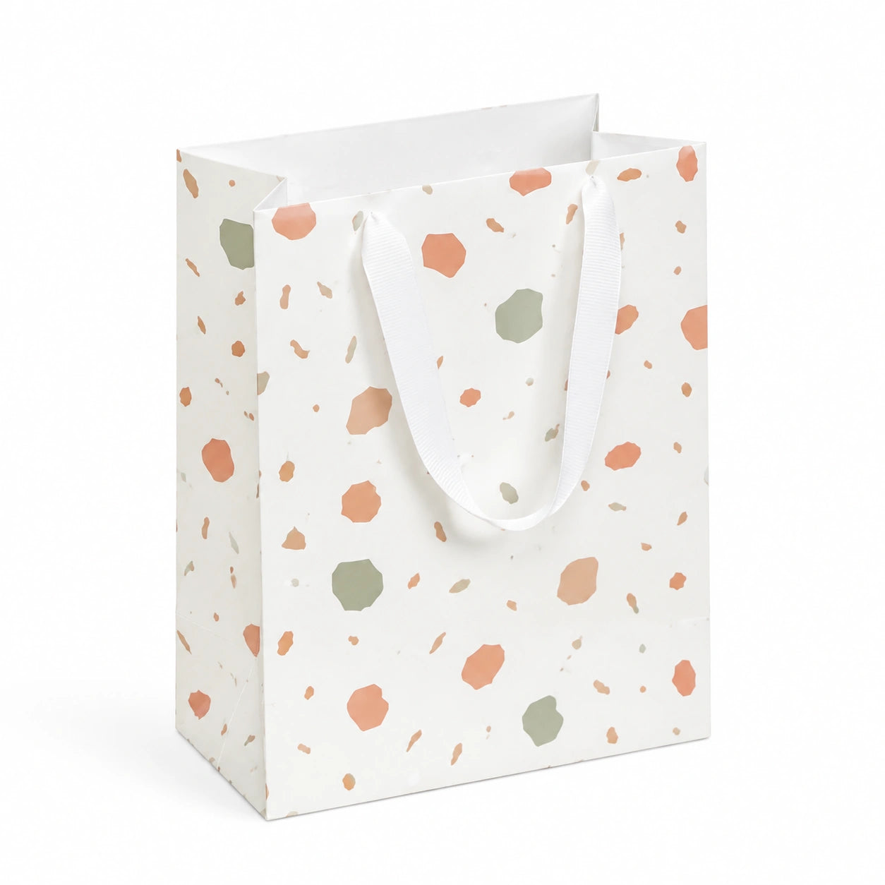 Sac cadeau 26 x 12 x 32 cm en papier blanc saumon vert sauge à poignées ruban motif terrazzo