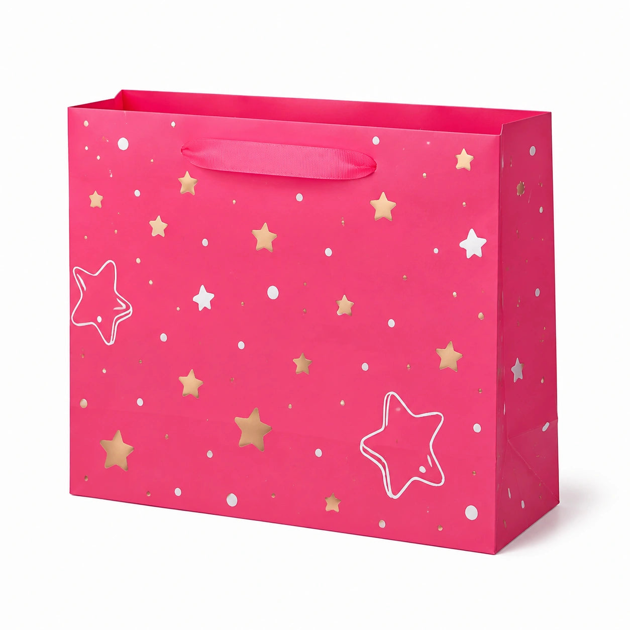 Sac cadeau 32 x 12 x 26 cm en papier rose à étoiles avec poignées ruban