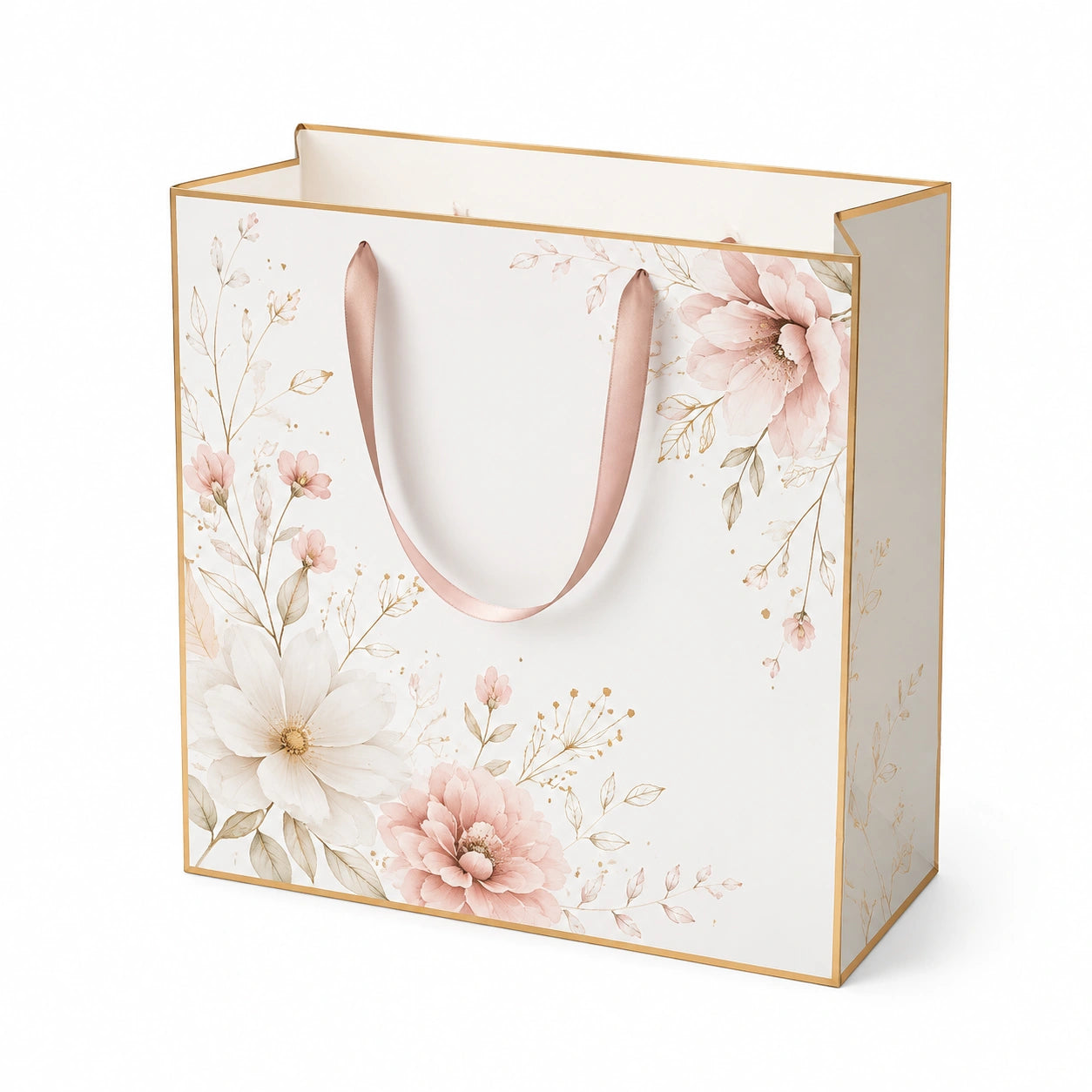 Sac cadeau 30 x 12 x 25 cm en papier blanc à motif floral avec poignées ruban
